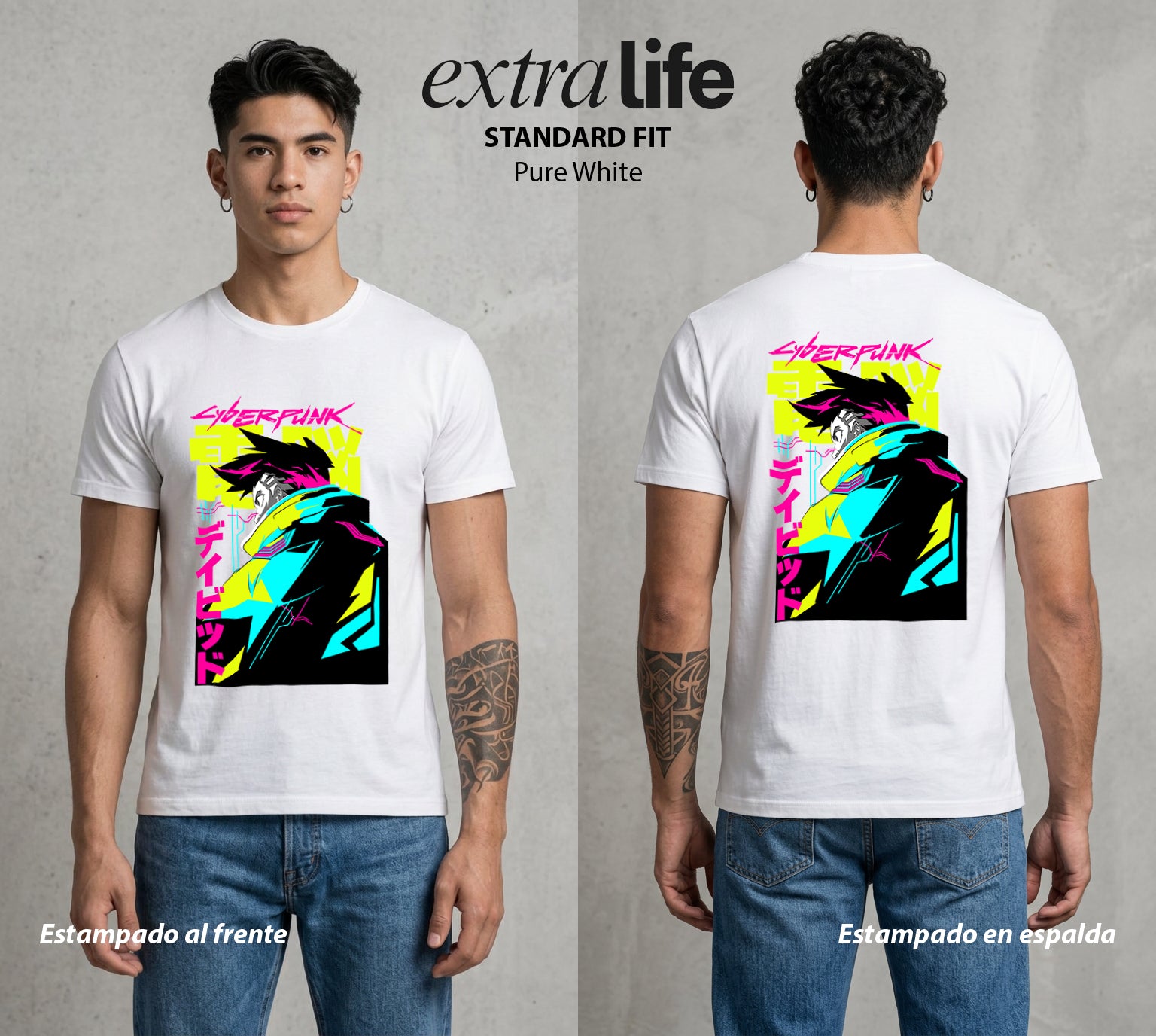 Los Corredores del Filo | Cyberpunk Edgerunners David #00544 - Playera Standard Fit | Pure White - Foto en modelo