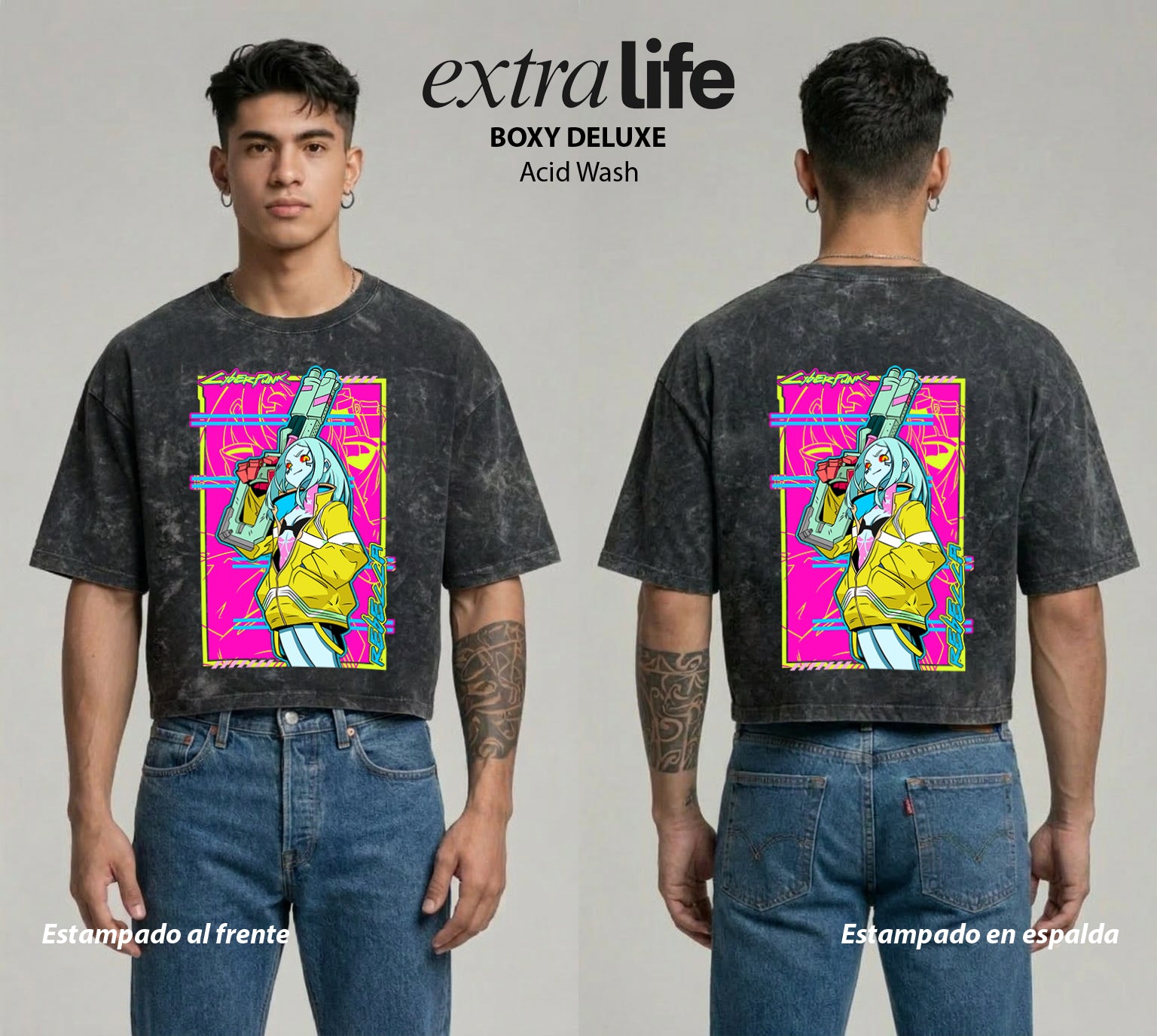 Playera streetwear premium de anime y gaming ExtraLife MX, corte boxy deluxe mineral wash heavyweight en color Acid Wash, moda urbana mexicana de culto.