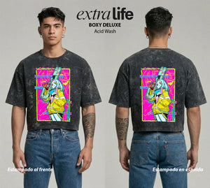 Playera streetwear premium de anime y gaming ExtraLife MX, corte boxy deluxe mineral wash heavyweight en color Acid Wash, moda urbana mexicana de culto.