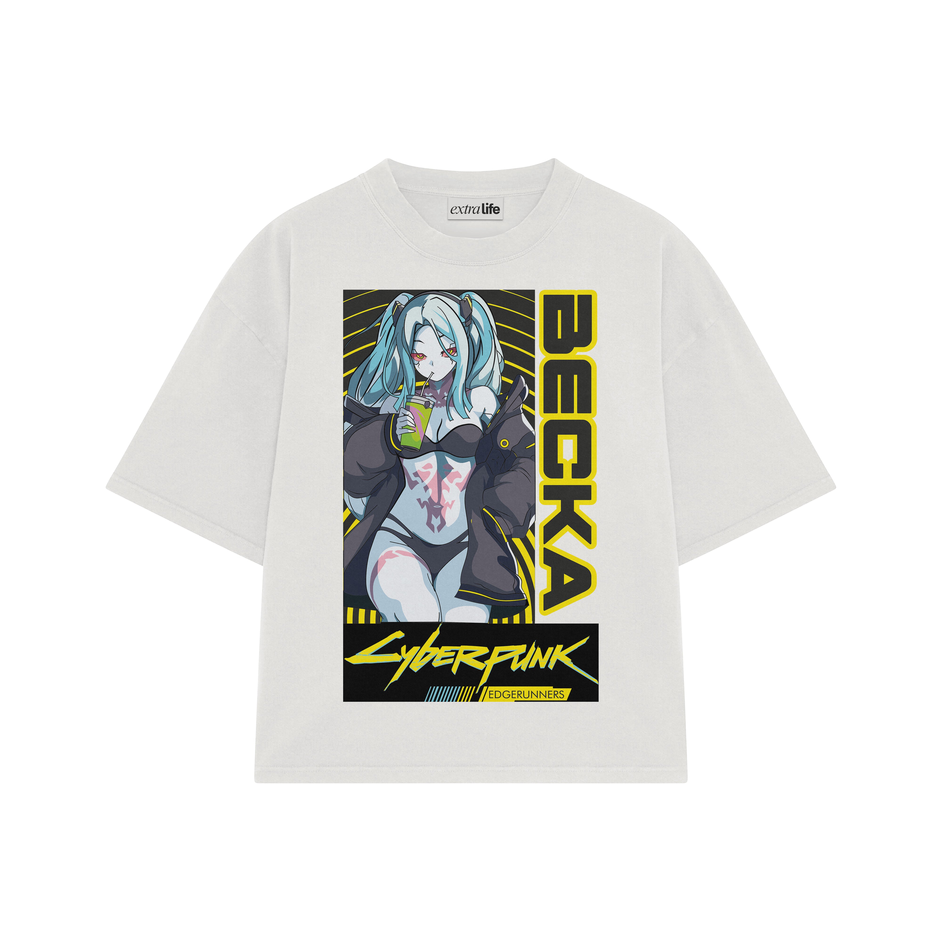 Playera streetwear premium de anime y gaming ExtraLife MX, corte boxy oversized drop shoulder heavyweight en color Deep Black y Off-White, moda urbana mexicana de culto.