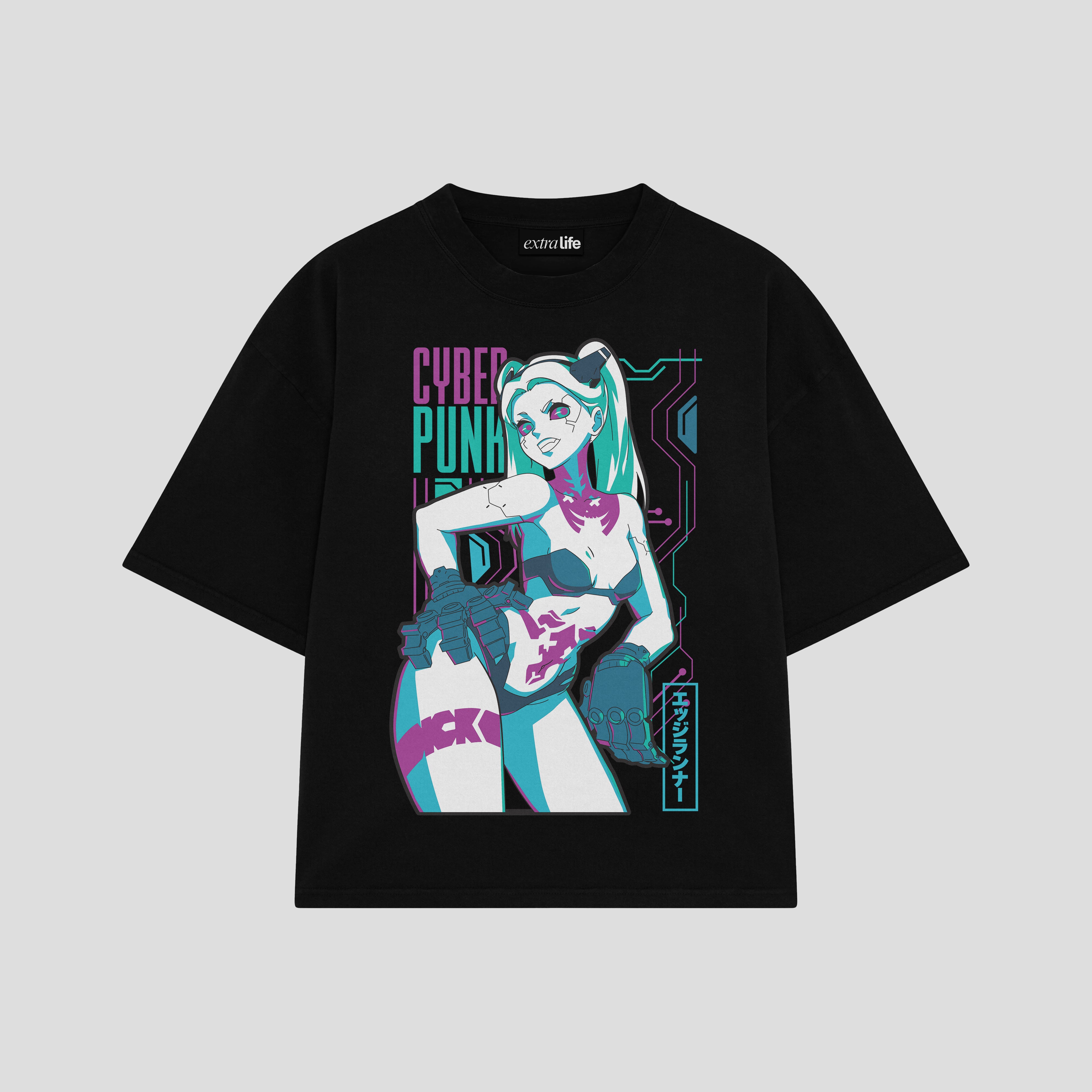 Playera streetwear premium de anime y gaming ExtraLife MX, corte boxy oversized drop shoulder heavyweight en color Deep Black y Off-White, moda urbana mexicana de culto.