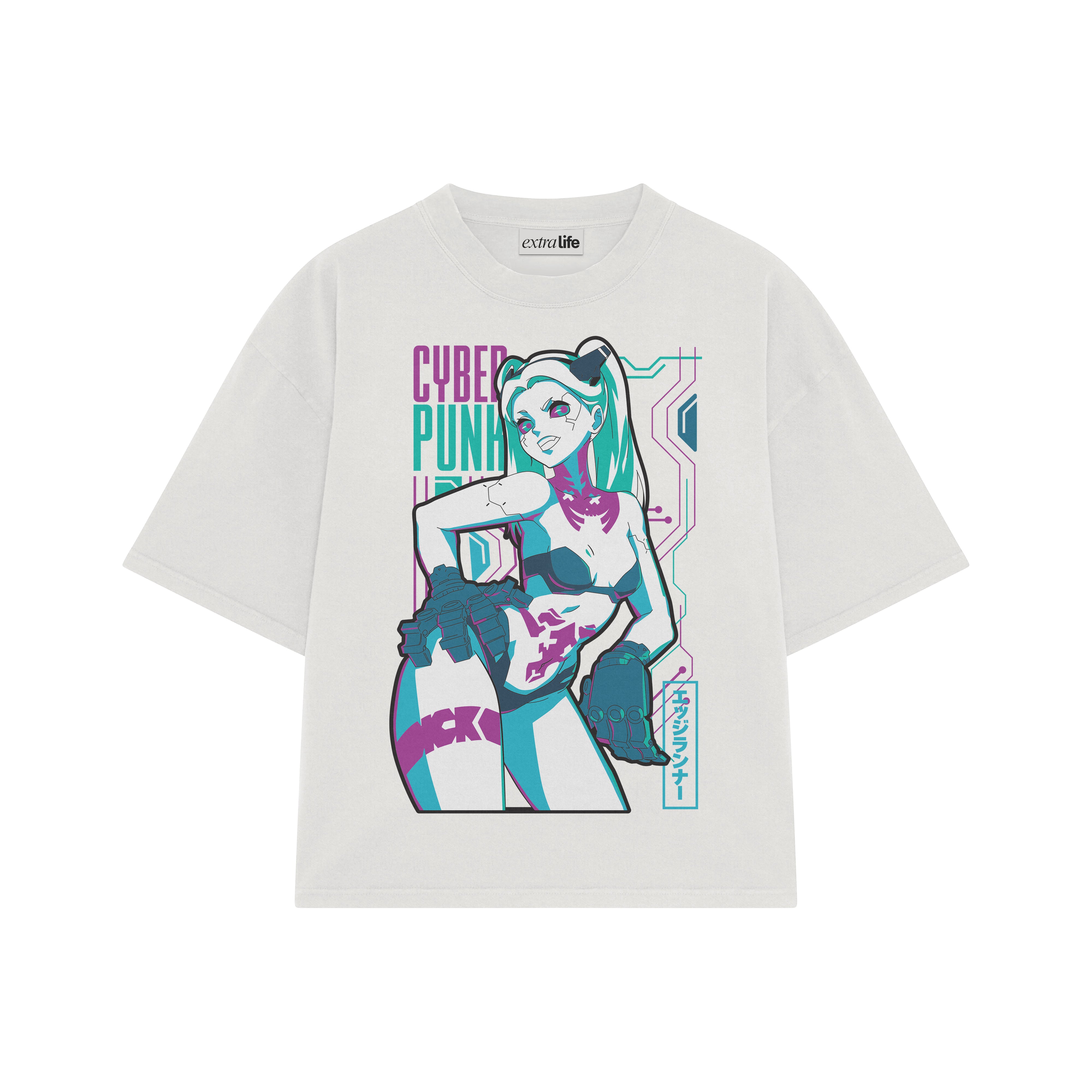 Playera streetwear premium de anime y gaming ExtraLife MX, corte boxy oversized drop shoulder heavyweight en color Deep Black y Off-White, moda urbana mexicana de culto.