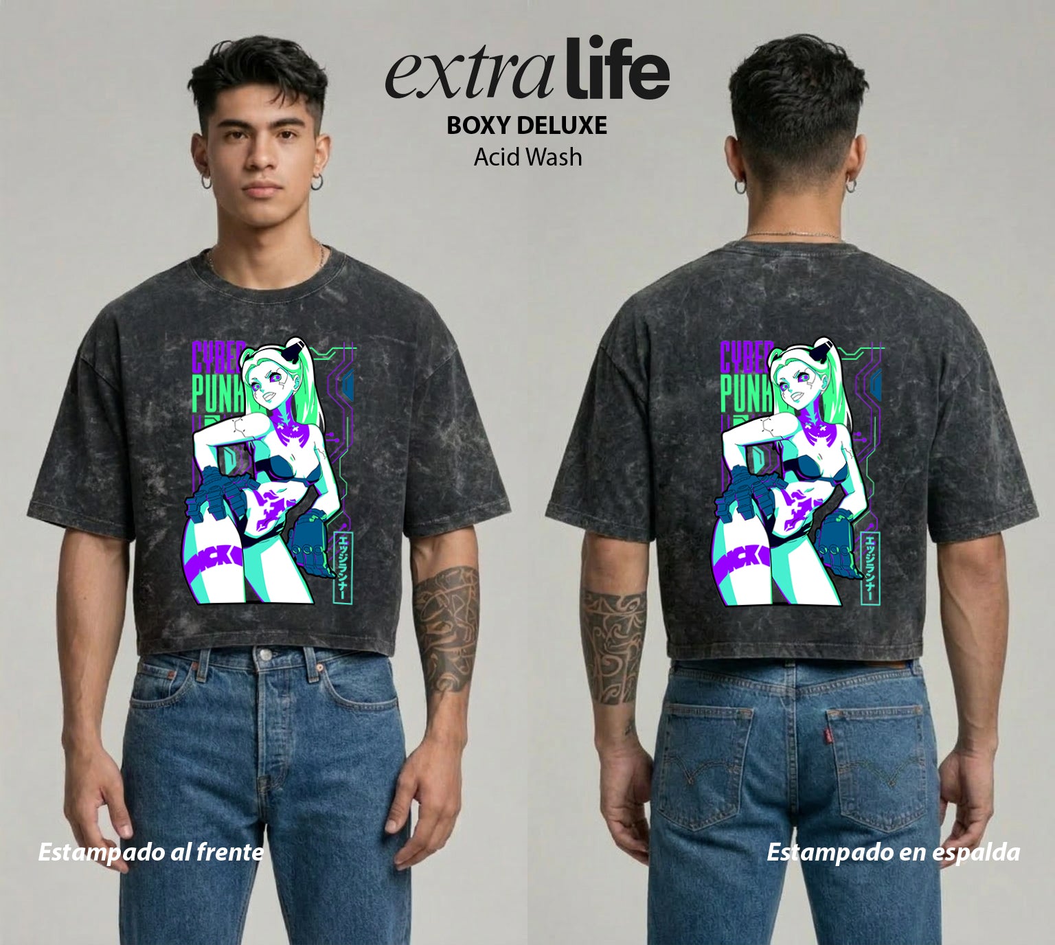 Playera streetwear premium de anime y gaming ExtraLife MX, corte boxy deluxe mineral wash heavyweight en color Acid Wash, moda urbana mexicana de culto.