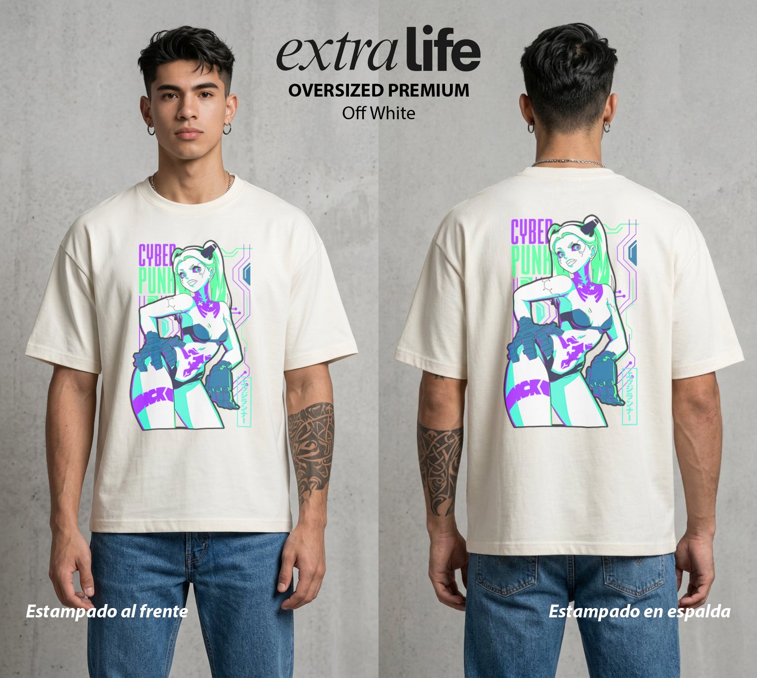 Los Corredores del Filo | La Energia del Grupo #00554 - Playera Oversized Premium | Off White - Foto en modelo