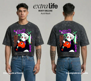 Playera streetwear premium de anime y gaming ExtraLife MX, corte boxy deluxe mineral wash heavyweight en color Acid Wash, moda urbana mexicana de culto.