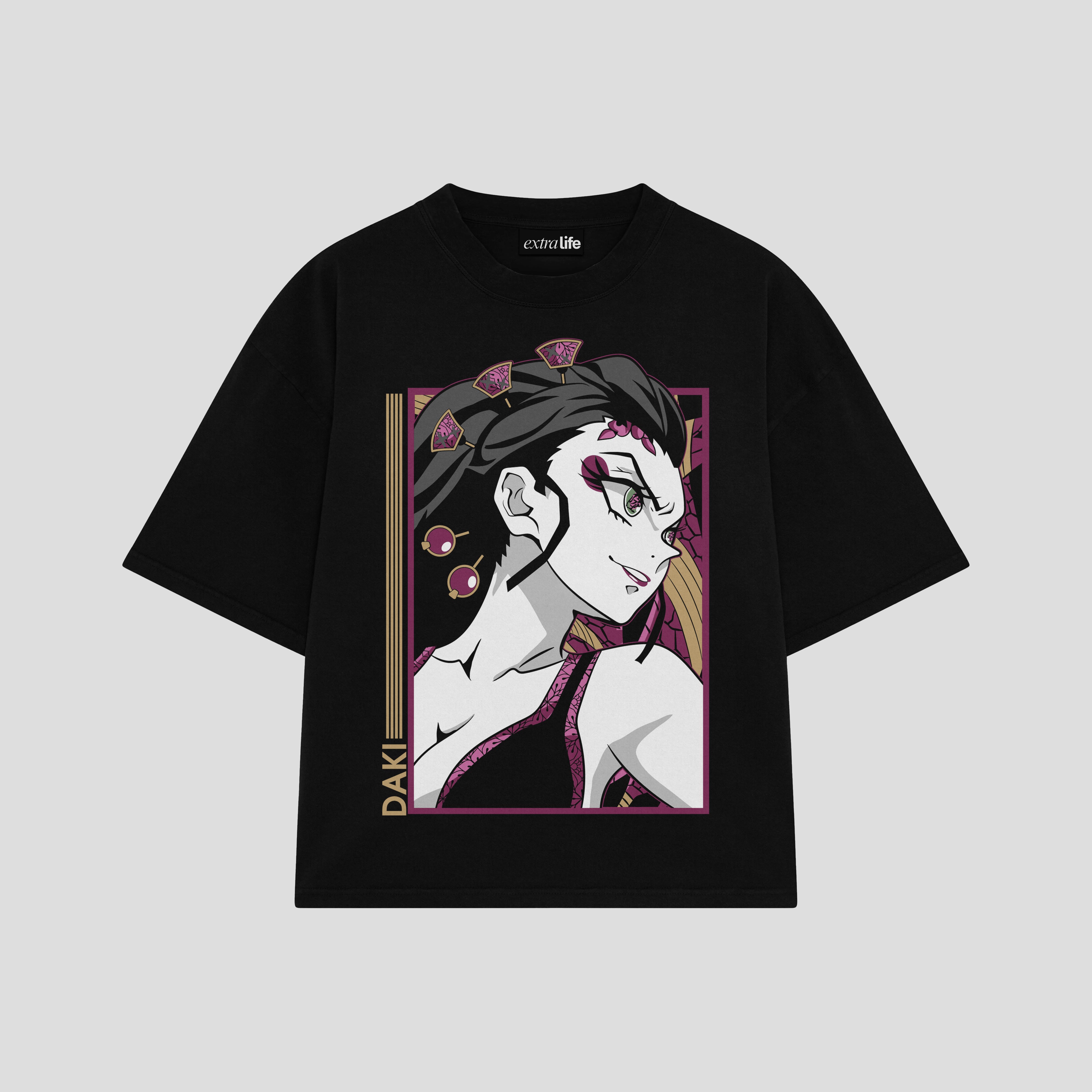 Playera streetwear premium de anime y gaming ExtraLife MX, corte boxy oversized drop shoulder heavyweight en color Deep Black y Off-White, moda urbana mexicana de culto.