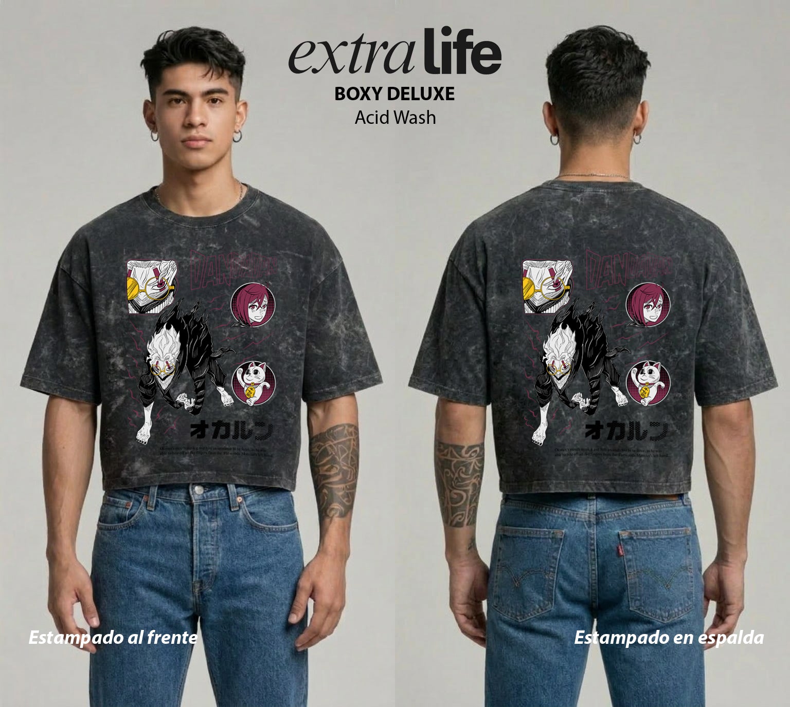 Playera streetwear premium de anime y gaming ExtraLife MX, corte boxy deluxe mineral wash heavyweight en color Acid Wash, moda urbana mexicana de culto.