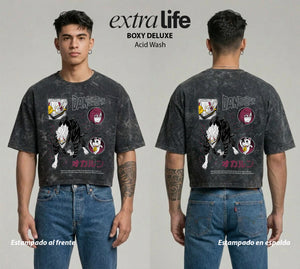 Playera streetwear premium de anime y gaming ExtraLife MX, corte boxy deluxe mineral wash heavyweight en color Acid Wash, moda urbana mexicana de culto.