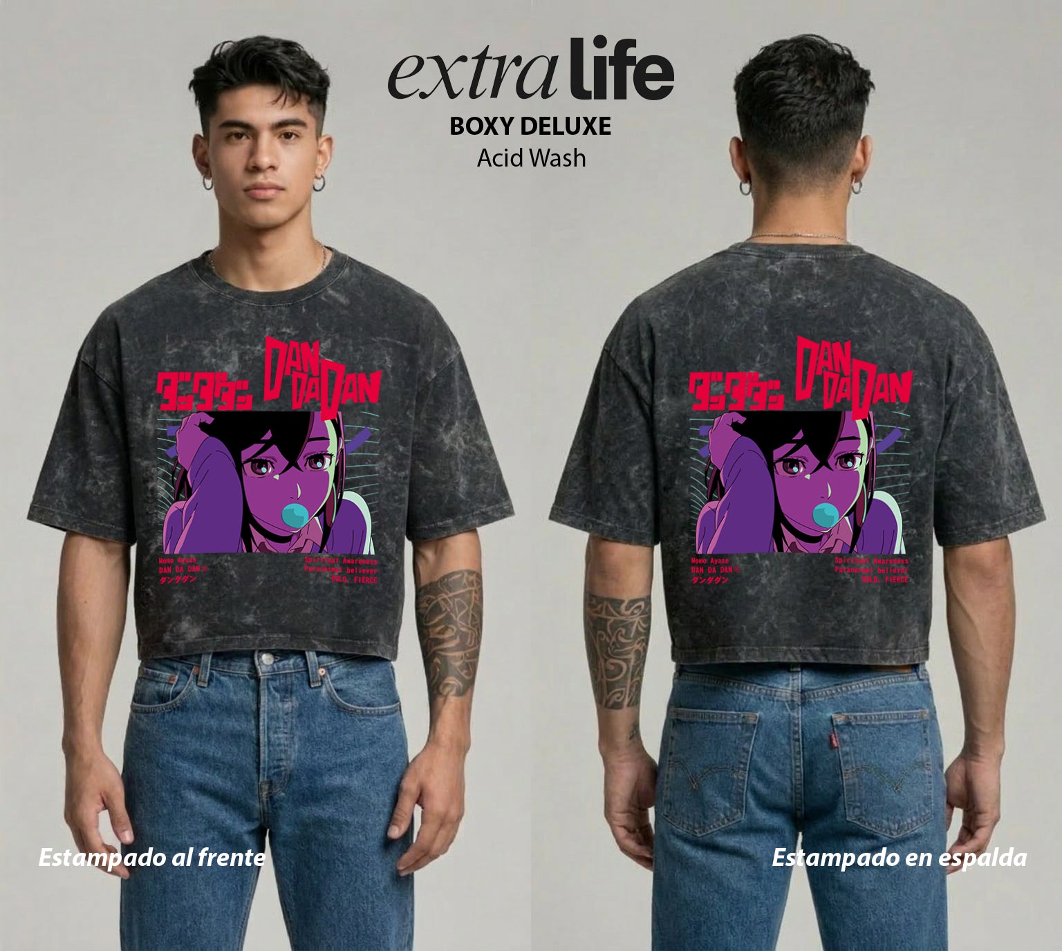 Playera streetwear premium de anime y gaming ExtraLife MX, corte boxy deluxe mineral wash heavyweight en color Acid Wash, moda urbana mexicana de culto.