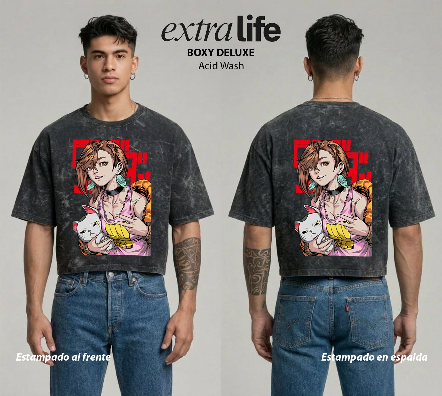 Playera streetwear premium de anime y gaming ExtraLife MX, corte boxy deluxe mineral wash heavyweight en color Acid Wash, moda urbana mexicana de culto.