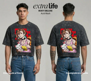 Playera streetwear premium de anime y gaming ExtraLife MX, corte boxy deluxe mineral wash heavyweight en color Acid Wash, moda urbana mexicana de culto.