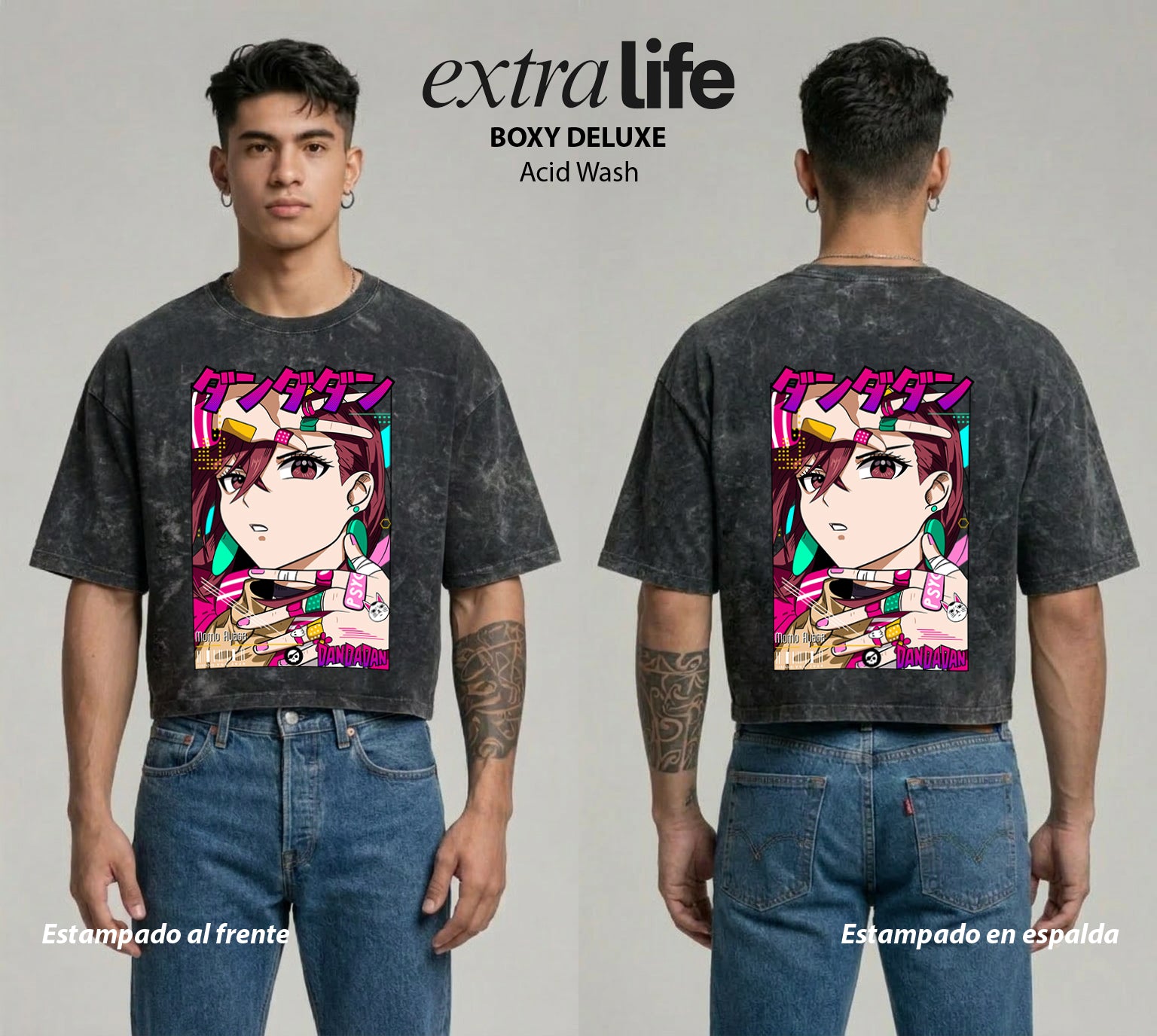 Playera streetwear premium de anime y gaming ExtraLife MX, corte boxy deluxe mineral wash heavyweight en color Acid Wash, moda urbana mexicana de culto.