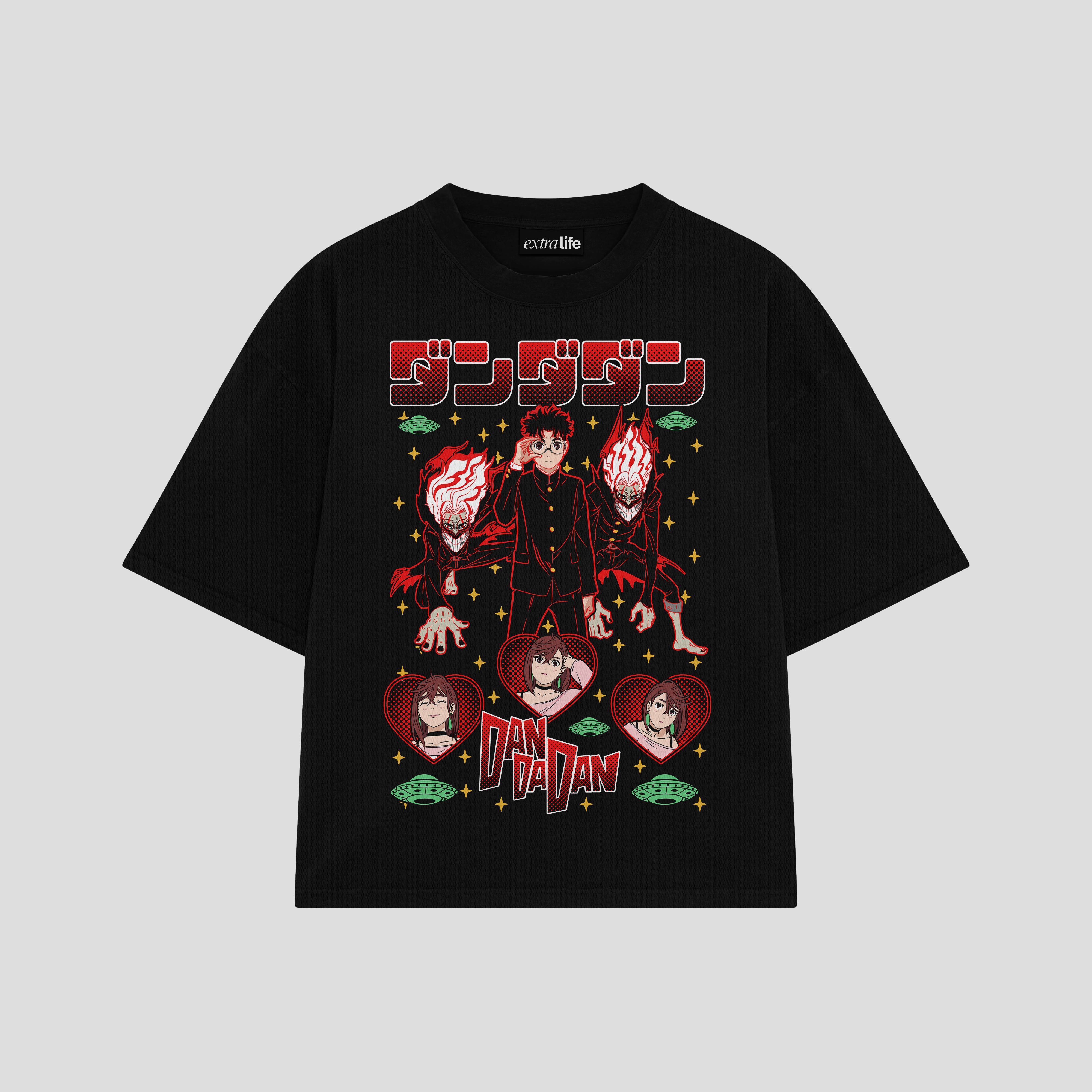 Playera streetwear premium de anime y gaming ExtraLife MX, corte boxy oversized drop shoulder heavyweight en color Deep Black y Off-White, moda urbana mexicana de culto.