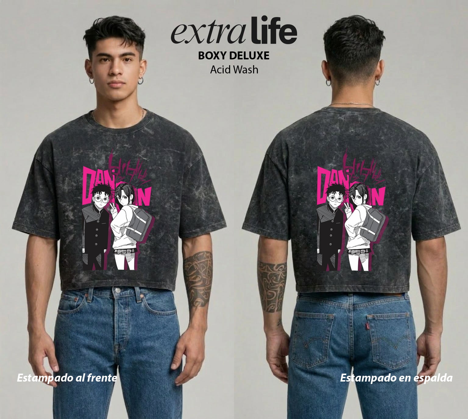 Playera streetwear premium de anime y gaming ExtraLife MX, corte boxy deluxe mineral wash heavyweight en color Acid Wash, moda urbana mexicana de culto.