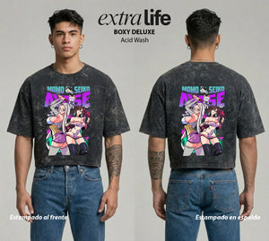 Playera streetwear premium de anime y gaming ExtraLife MX, corte boxy deluxe mineral wash heavyweight en color Acid Wash, moda urbana mexicana de culto.
