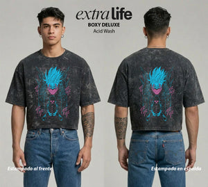 Playera streetwear premium de anime y gaming ExtraLife MX, corte boxy deluxe mineral wash heavyweight en color Acid Wash, moda urbana mexicana de culto.