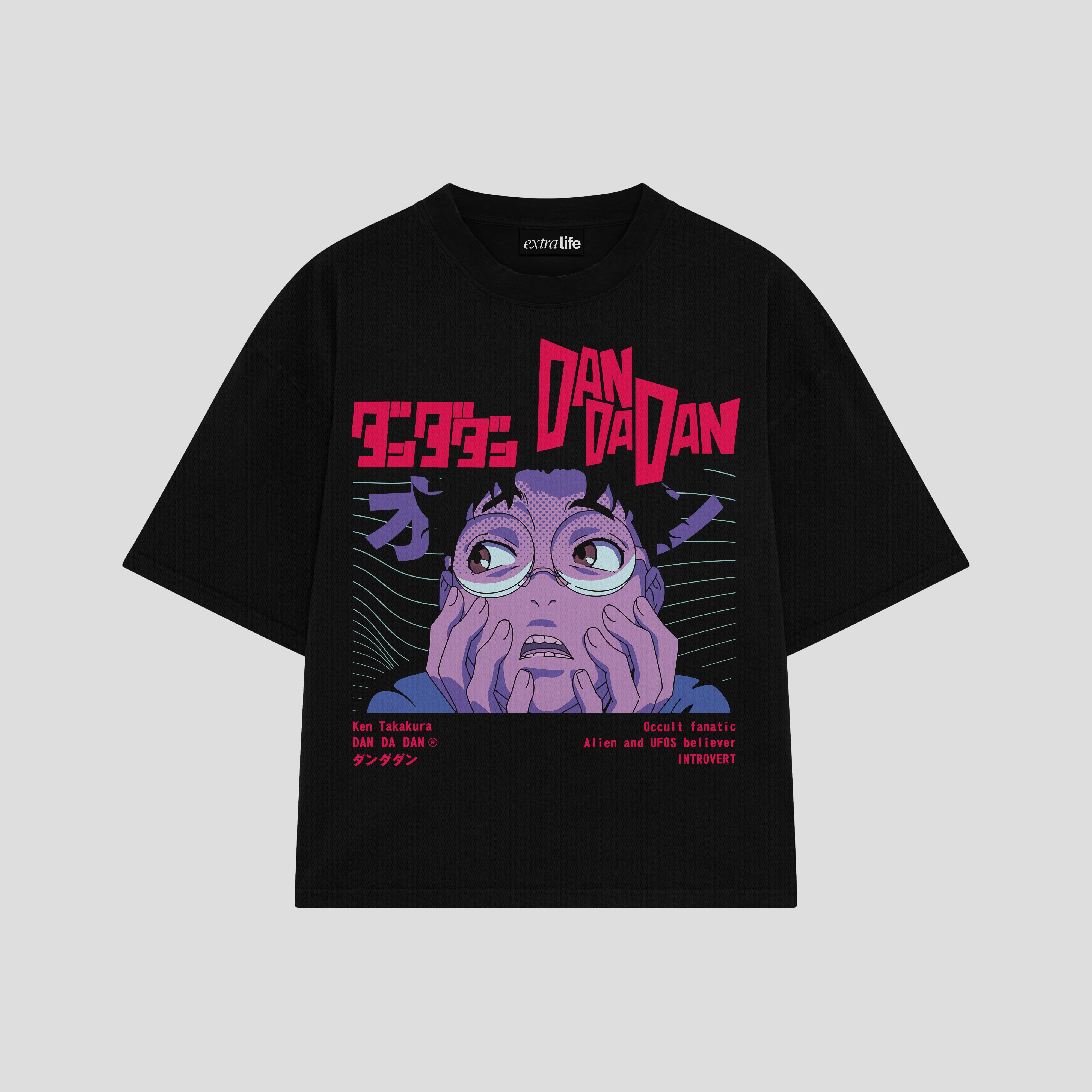 Playera streetwear premium de anime y gaming ExtraLife MX, corte boxy oversized drop shoulder heavyweight en color Deep Black y Off-White, moda urbana mexicana de culto.