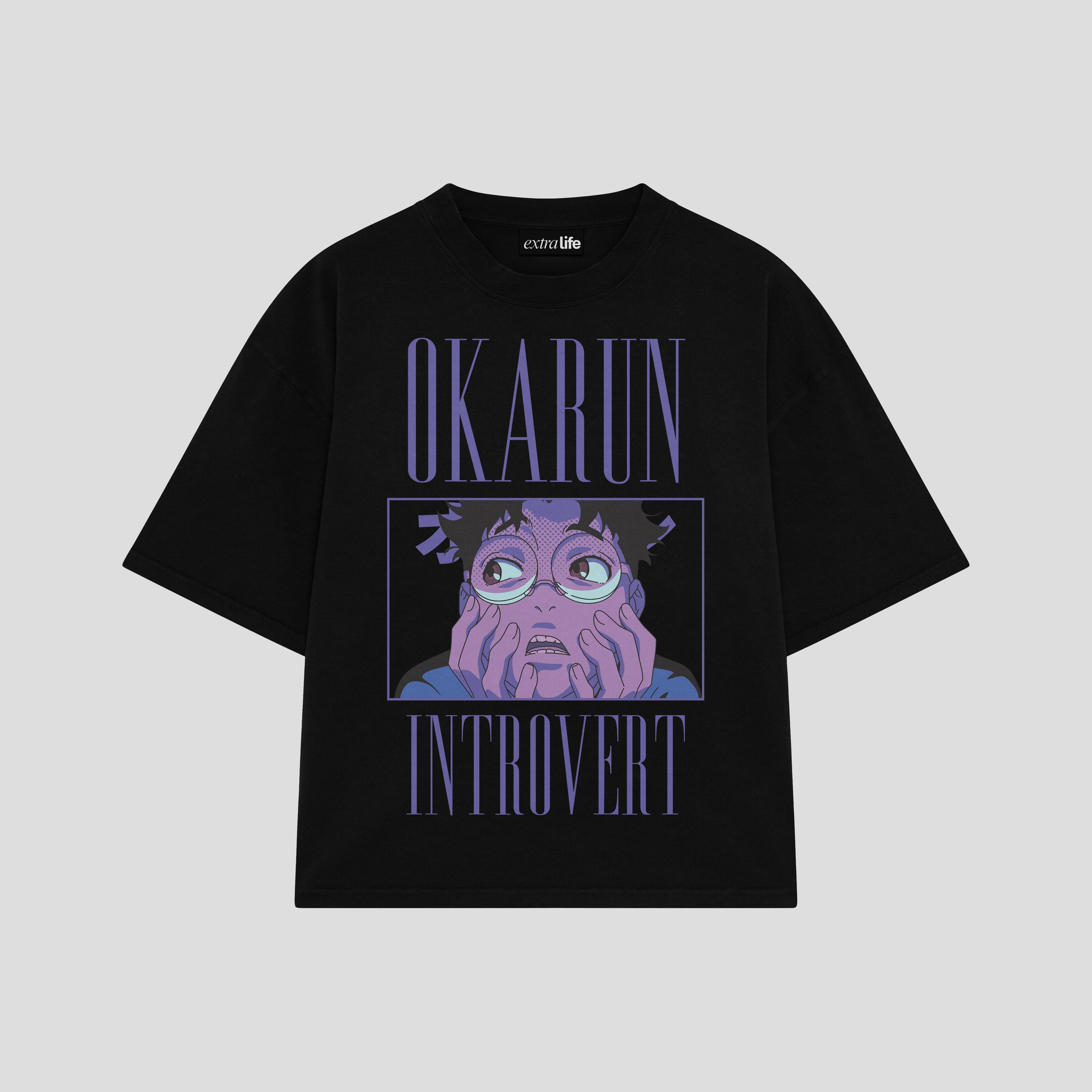 Playera streetwear premium de anime y gaming ExtraLife MX, corte boxy oversized drop shoulder heavyweight en color Deep Black y Off-White, moda urbana mexicana de culto.