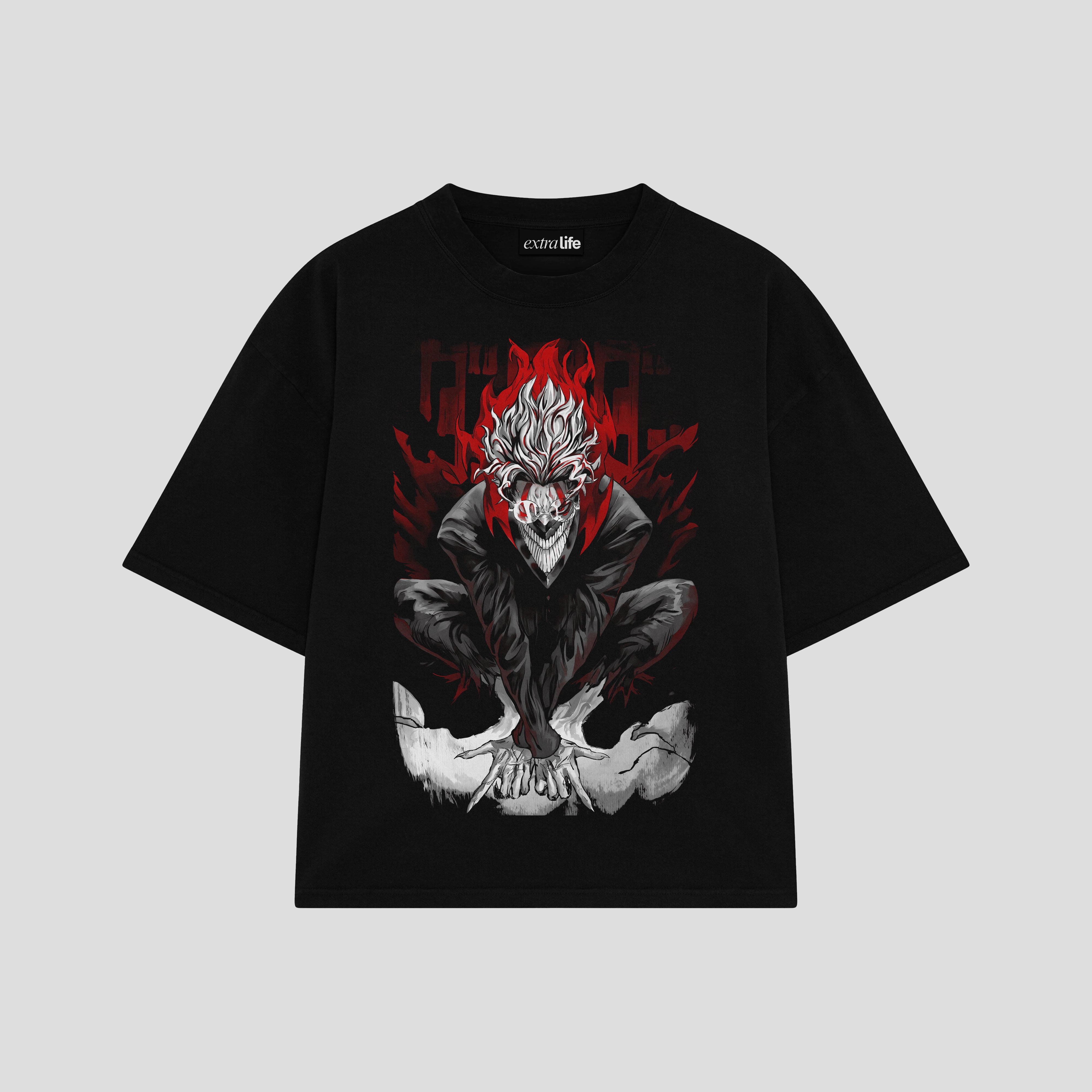 Playera streetwear premium de anime y gaming ExtraLife MX, corte boxy oversized drop shoulder heavyweight en color Deep Black y Off-White, moda urbana mexicana de culto.