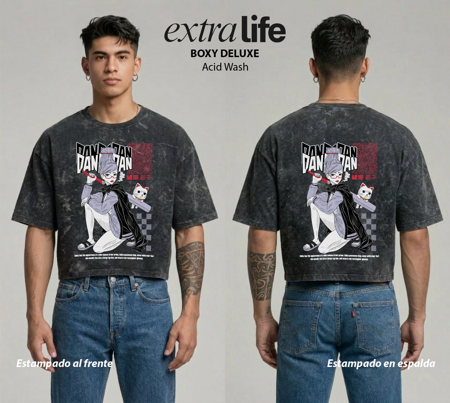 Playera streetwear premium de anime y gaming ExtraLife MX, corte boxy deluxe mineral wash heavyweight en color Acid Wash, moda urbana mexicana de culto.