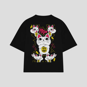 Playera streetwear premium de anime y gaming ExtraLife MX, corte boxy oversized drop shoulder heavyweight en color Deep Black y Off-White, moda urbana mexicana de culto.