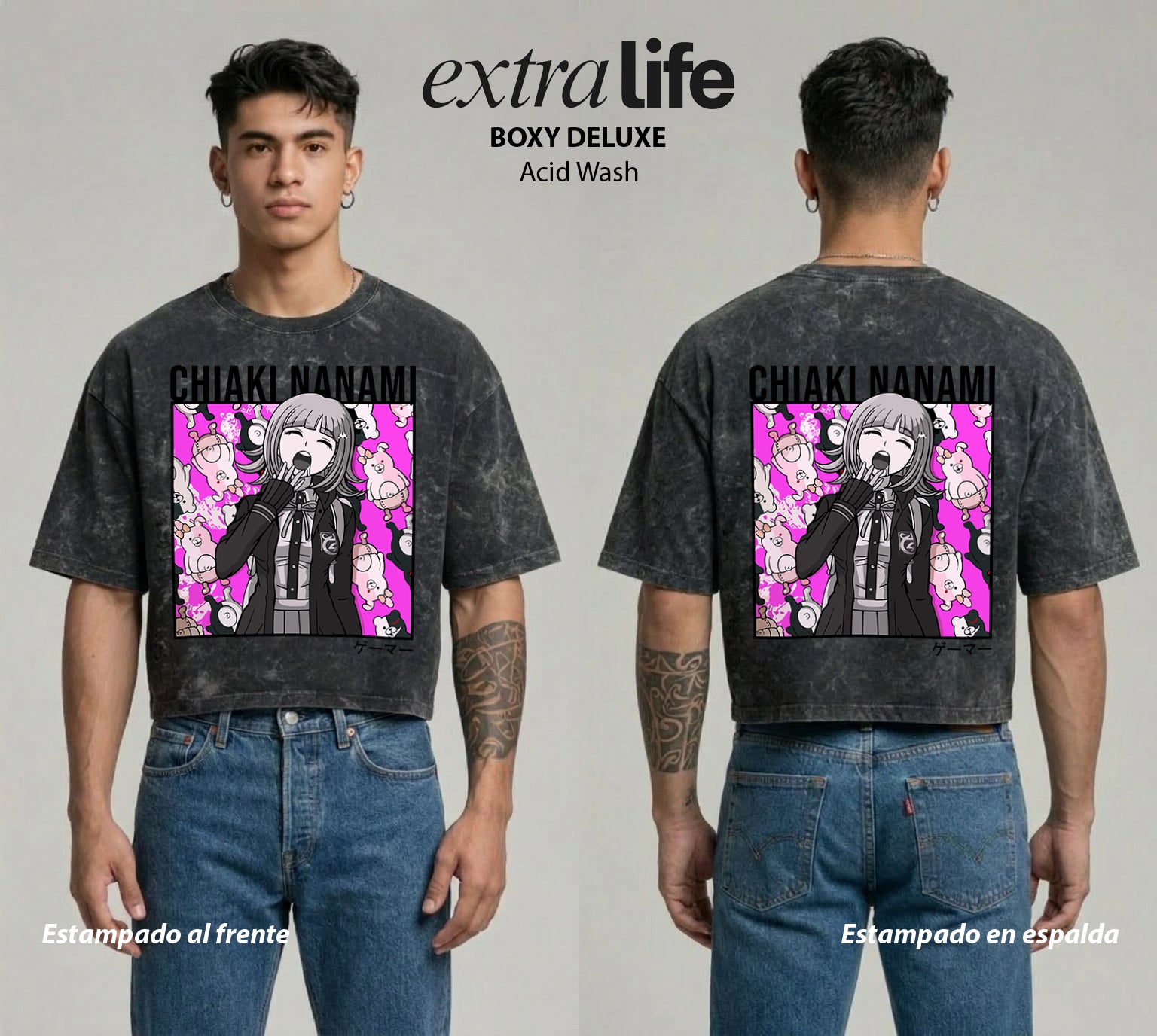 Playera streetwear premium de anime y gaming ExtraLife MX, corte boxy deluxe mineral wash heavyweight en color Acid Wash, moda urbana mexicana de culto.