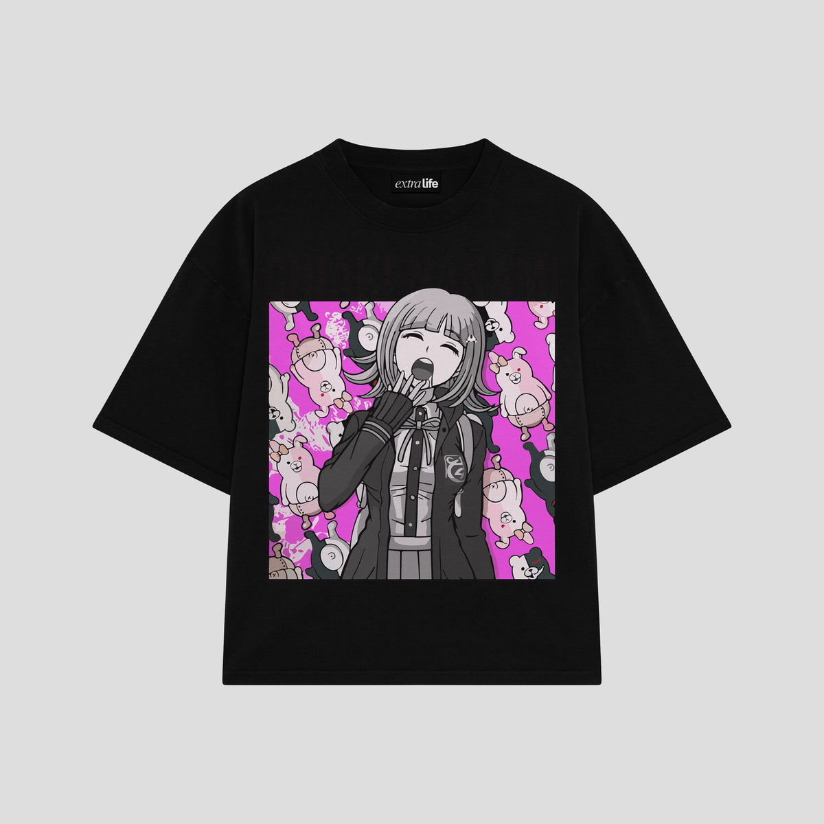 Playera streetwear premium de anime y gaming ExtraLife MX, corte oversized drop shoulder ligero y fresco en color Deep Black y Off-White, moda urbana mexicana de culto.