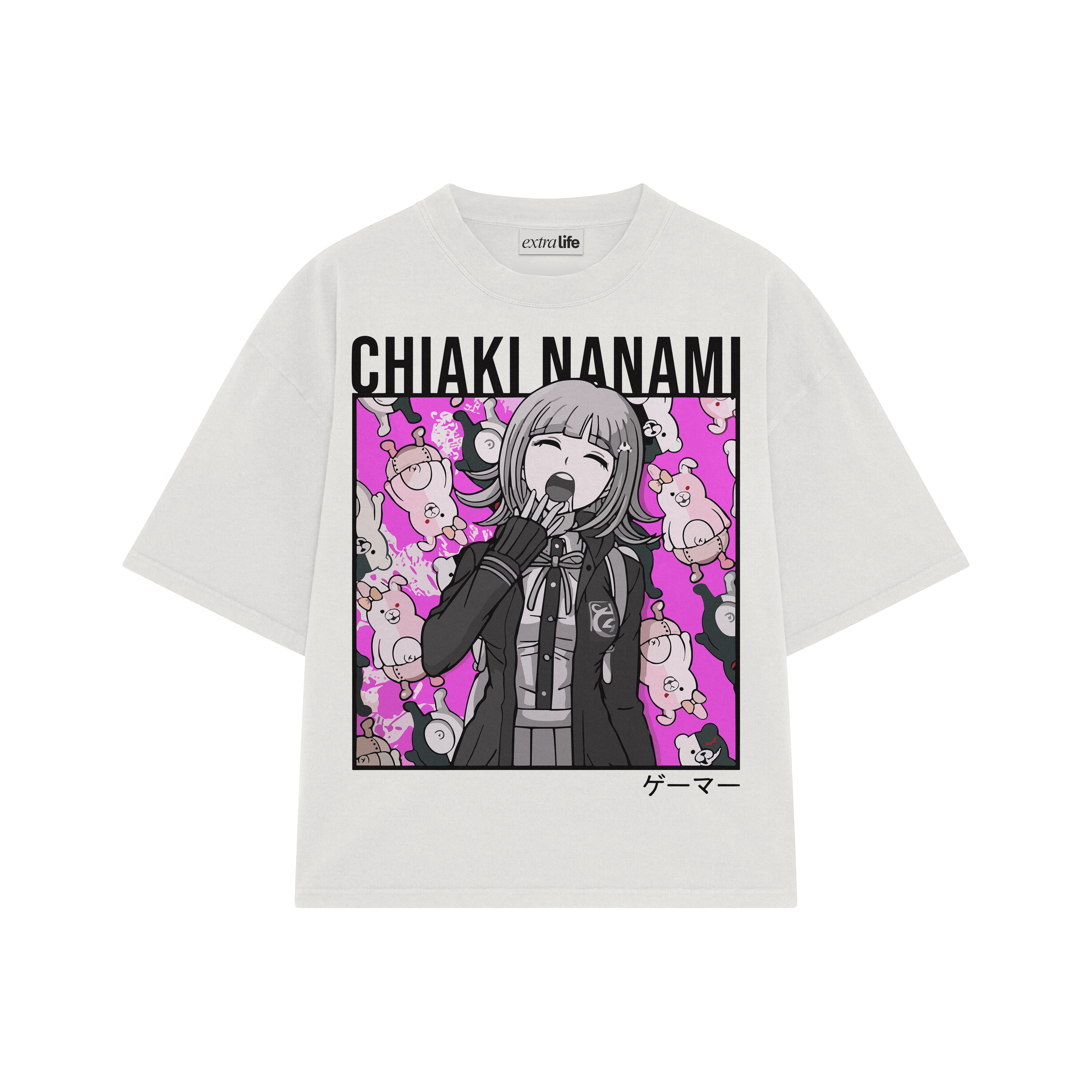 Playera streetwear premium de anime y gaming ExtraLife MX, corte boxy oversized drop shoulder heavyweight en color Deep Black y Off-White, moda urbana mexicana de culto.