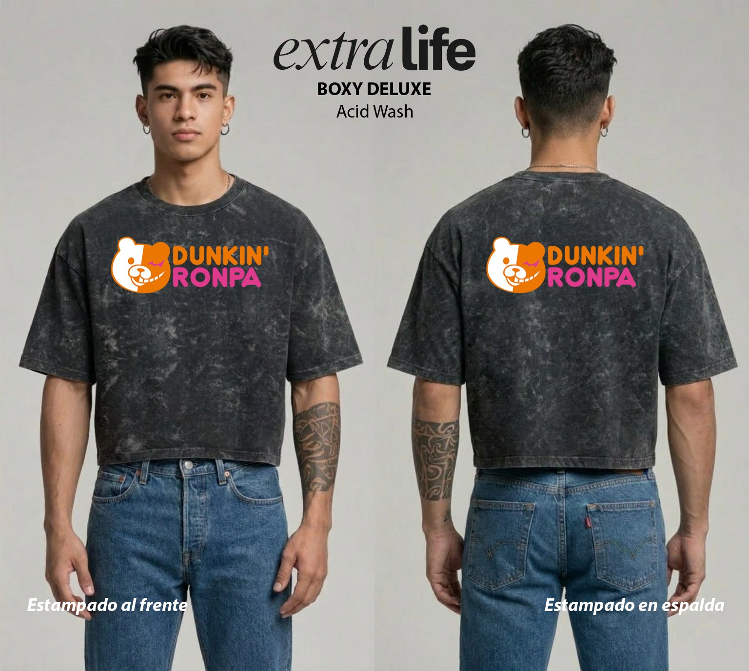Playera streetwear premium de anime y gaming ExtraLife MX, corte boxy deluxe mineral wash heavyweight en color Acid Wash, moda urbana mexicana de culto.
