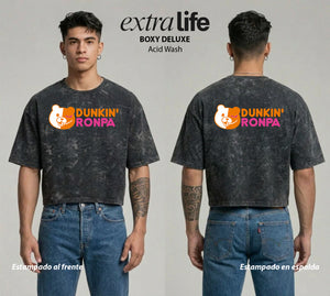 Playera streetwear premium de anime y gaming ExtraLife MX, corte boxy deluxe mineral wash heavyweight en color Acid Wash, moda urbana mexicana de culto.