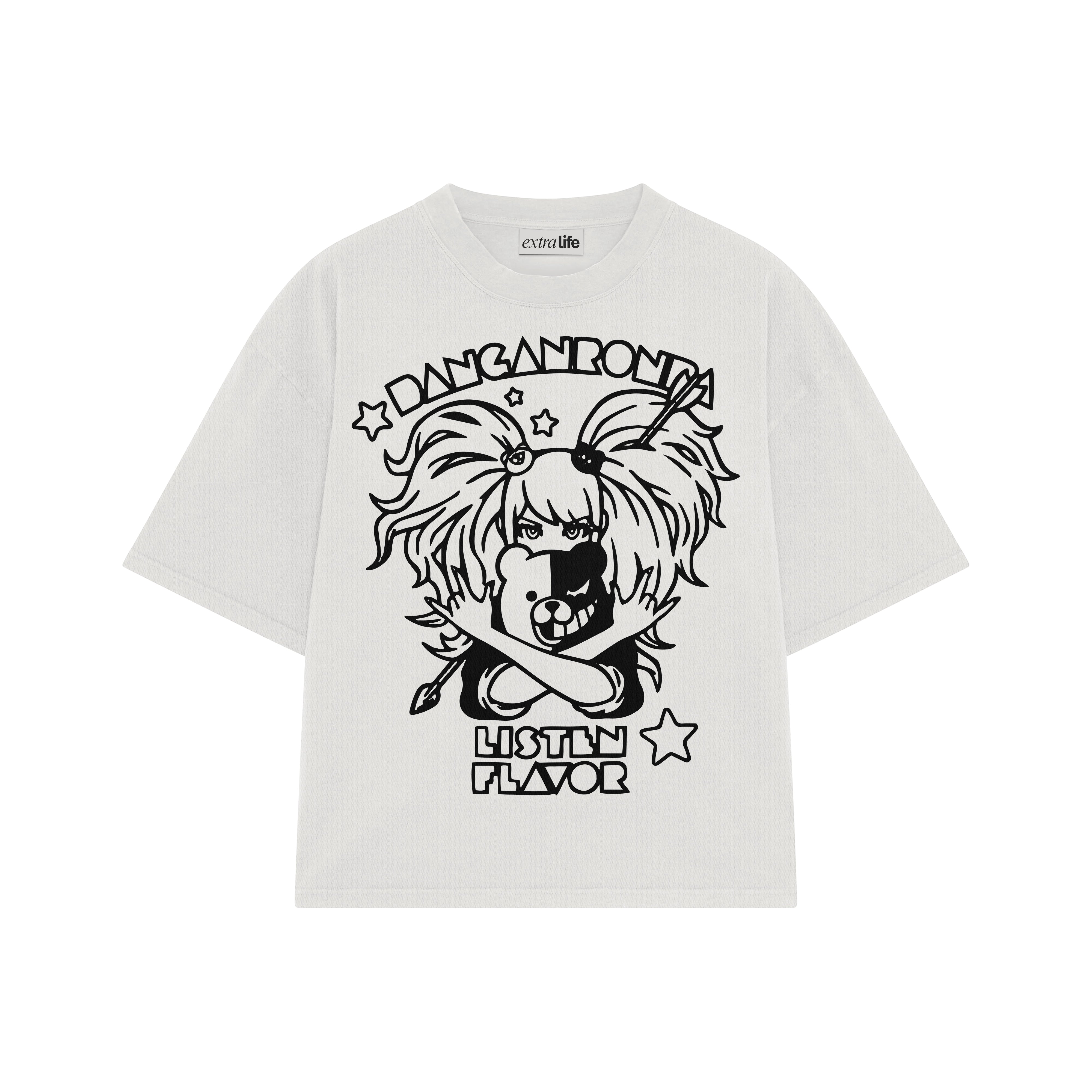 Playera streetwear premium de anime y gaming ExtraLife MX, corte boxy oversized drop shoulder heavyweight en color Deep Black y Off-White, moda urbana mexicana de culto.