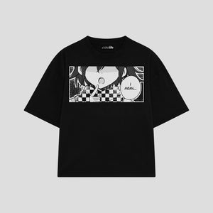 Playera streetwear premium de anime y gaming ExtraLife MX, corte boxy oversized drop shoulder heavyweight en color Deep Black y Off-White, moda urbana mexicana de culto.