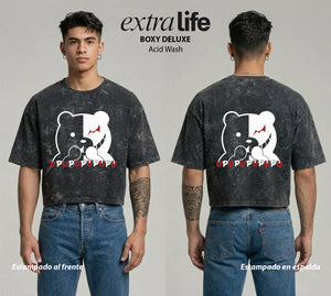 Playera streetwear premium de anime y gaming ExtraLife MX, corte boxy deluxe mineral wash heavyweight en color Acid Wash, moda urbana mexicana de culto.