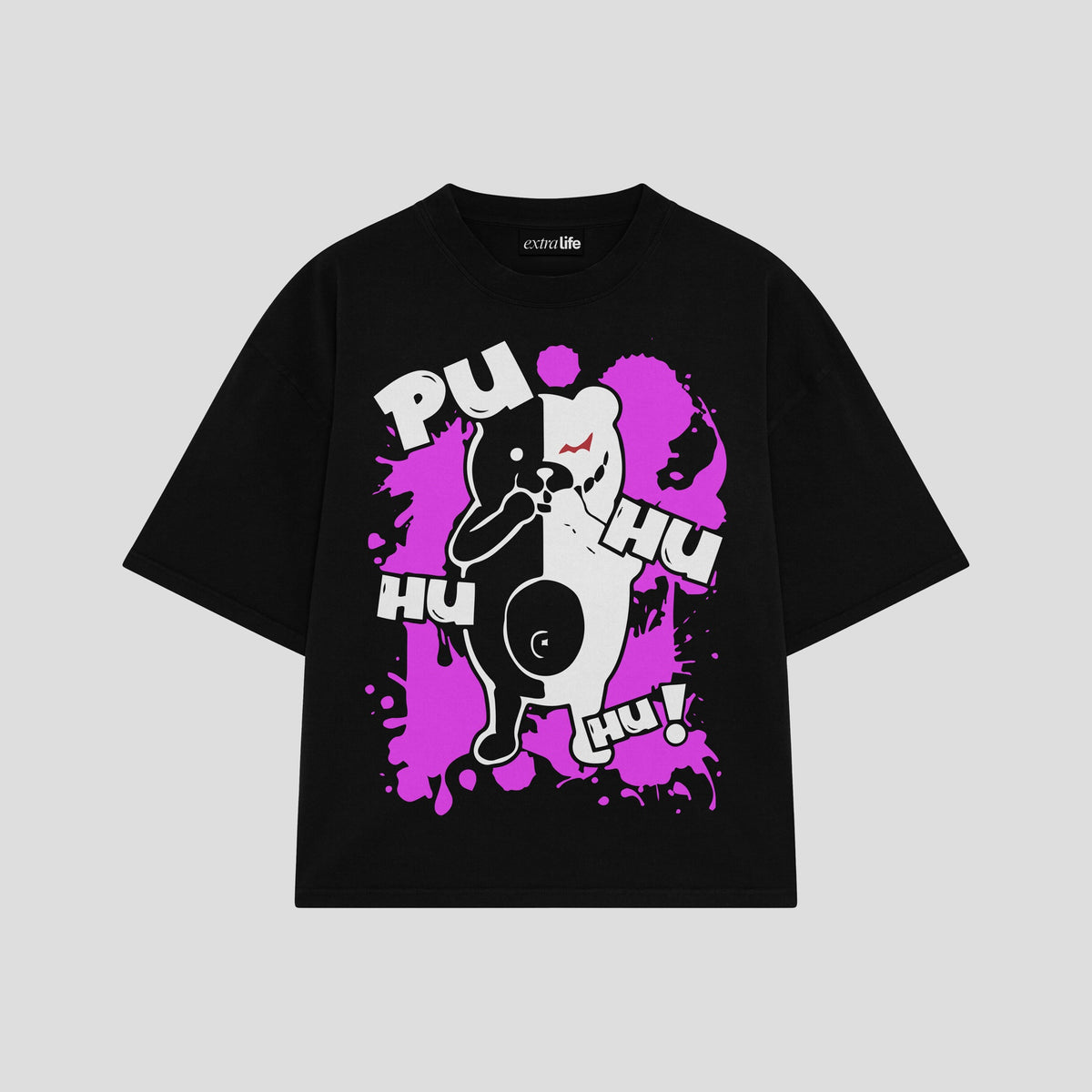 Playera streetwear premium de anime y gaming ExtraLife MX, corte oversized drop shoulder ligero y fresco en color Deep Black y Off-White, moda urbana mexicana de culto.