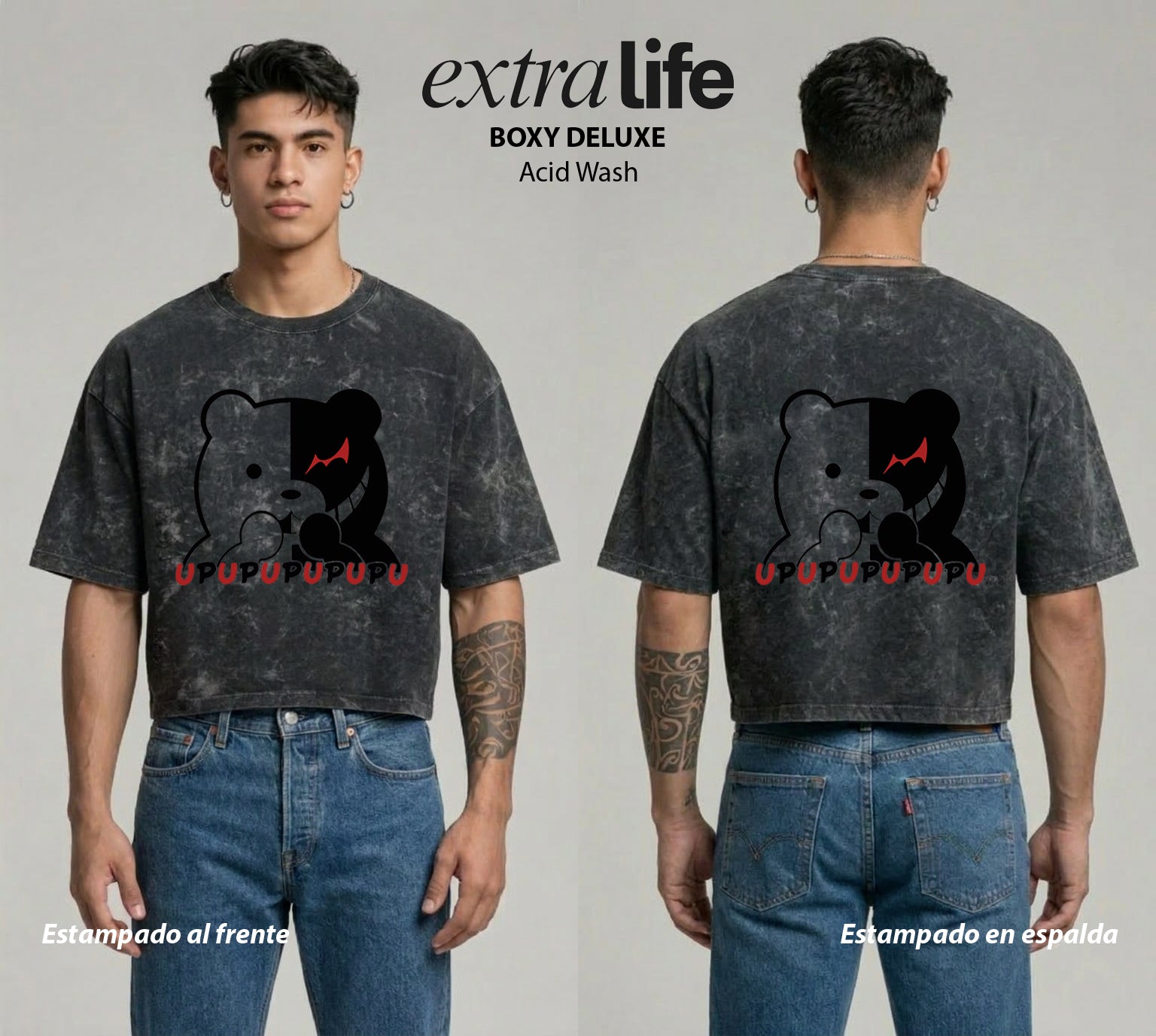Playera streetwear premium de anime y gaming ExtraLife MX, corte boxy deluxe mineral wash heavyweight en color Acid Wash, moda urbana mexicana de culto.