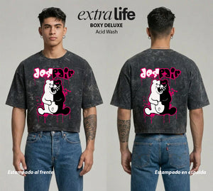 Playera streetwear premium de anime y gaming ExtraLife MX, corte boxy deluxe mineral wash heavyweight en color Acid Wash, moda urbana mexicana de culto.