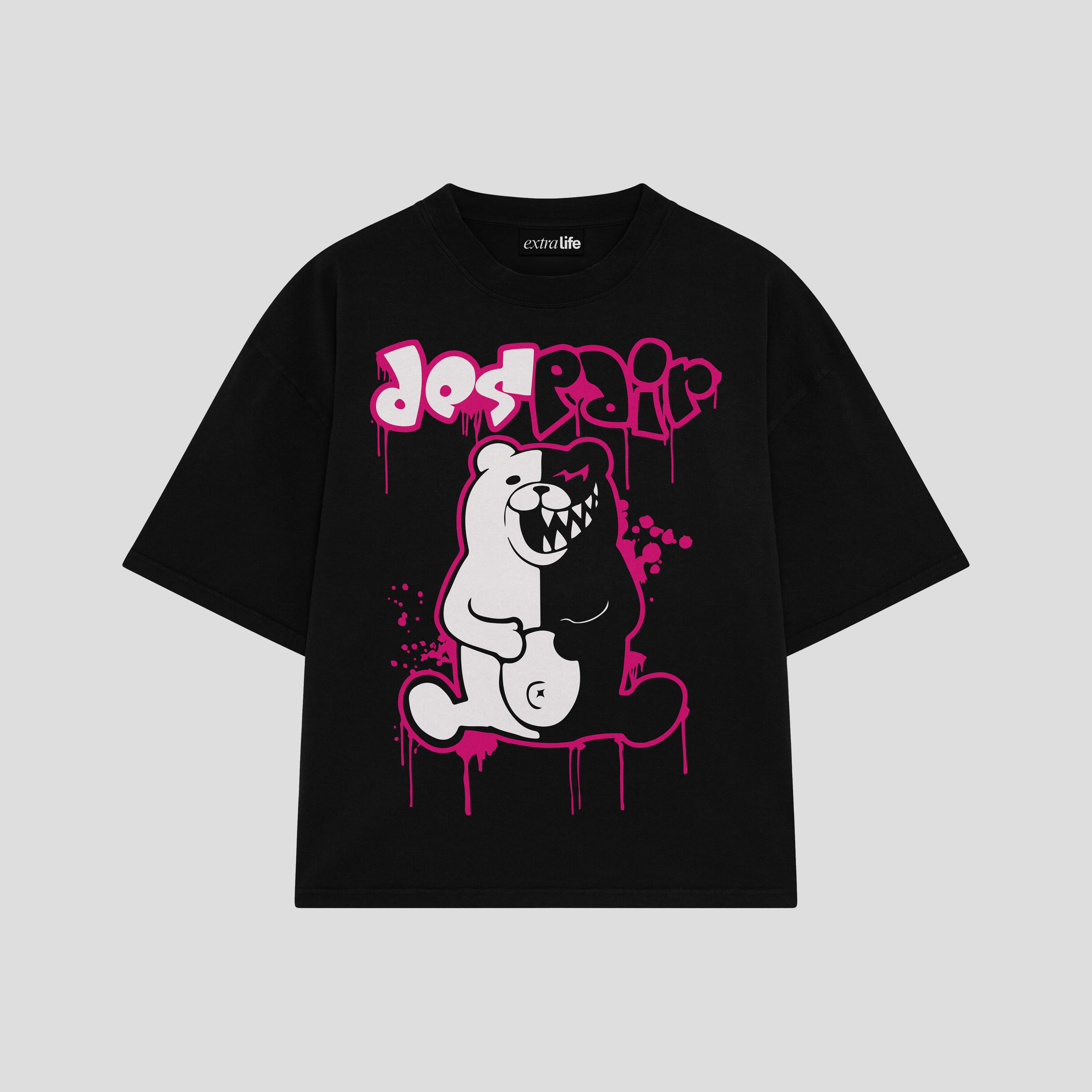 Playera streetwear premium de anime y gaming ExtraLife MX, corte boxy oversized drop shoulder heavyweight en color Deep Black y Off-White, moda urbana mexicana de culto.