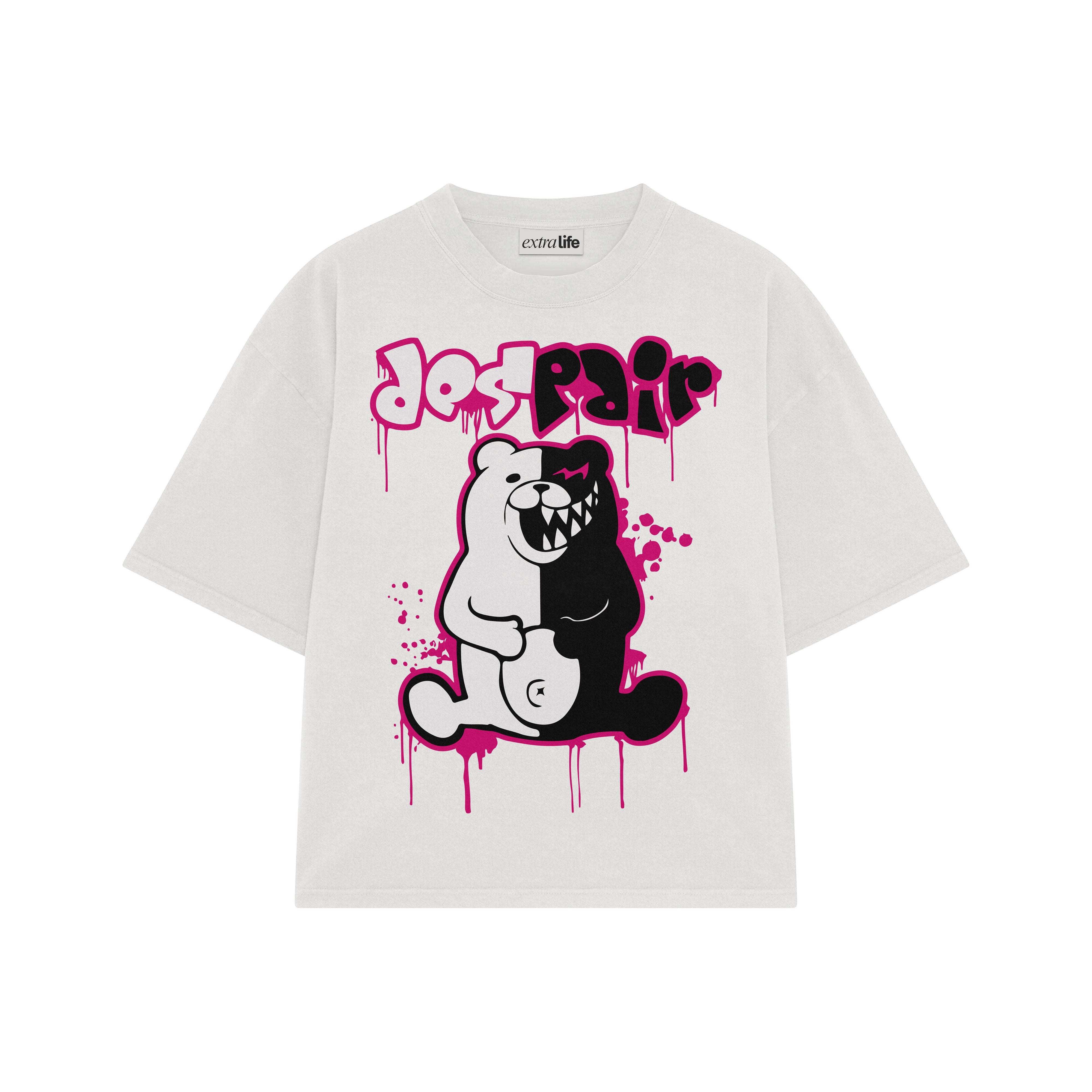 Playera streetwear premium de anime y gaming ExtraLife MX, corte boxy oversized drop shoulder heavyweight en color Deep Black y Off-White, moda urbana mexicana de culto.