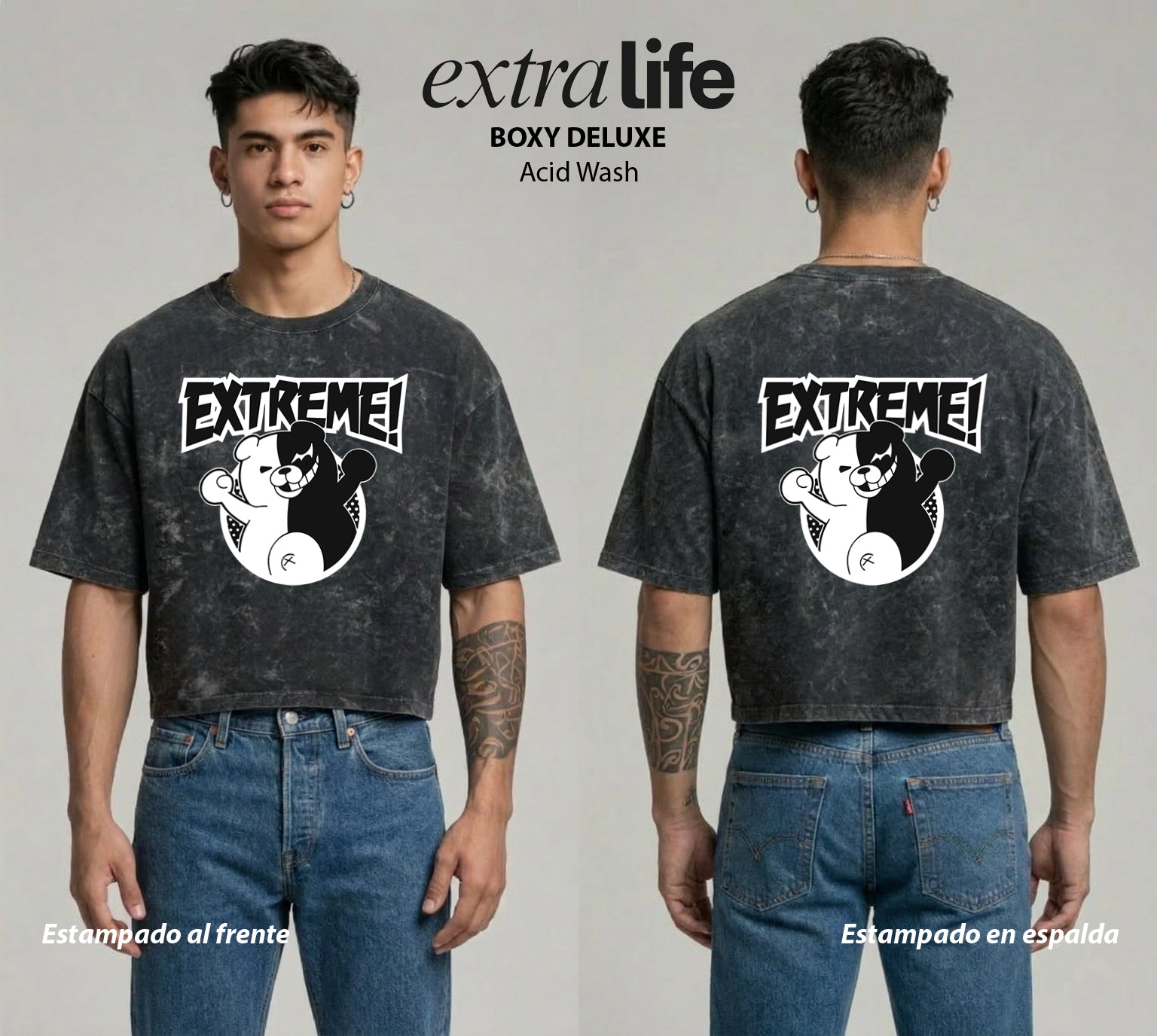 Playera streetwear premium de anime y gaming ExtraLife MX, corte boxy deluxe mineral wash heavyweight en color Acid Wash, moda urbana mexicana de culto.