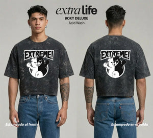 Playera streetwear premium de anime y gaming ExtraLife MX, corte boxy deluxe mineral wash heavyweight en color Acid Wash, moda urbana mexicana de culto.