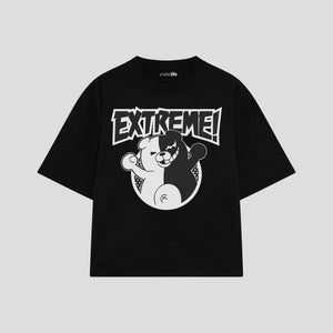 Playera streetwear premium de anime y gaming ExtraLife MX, corte boxy oversized drop shoulder heavyweight en color Deep Black y Off-White, moda urbana mexicana de culto.