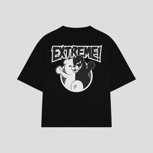 Playera streetwear premium de anime y gaming ExtraLife MX, corte boxy oversized drop shoulder heavyweight en color Deep Black y Off-White, moda urbana mexicana de culto.