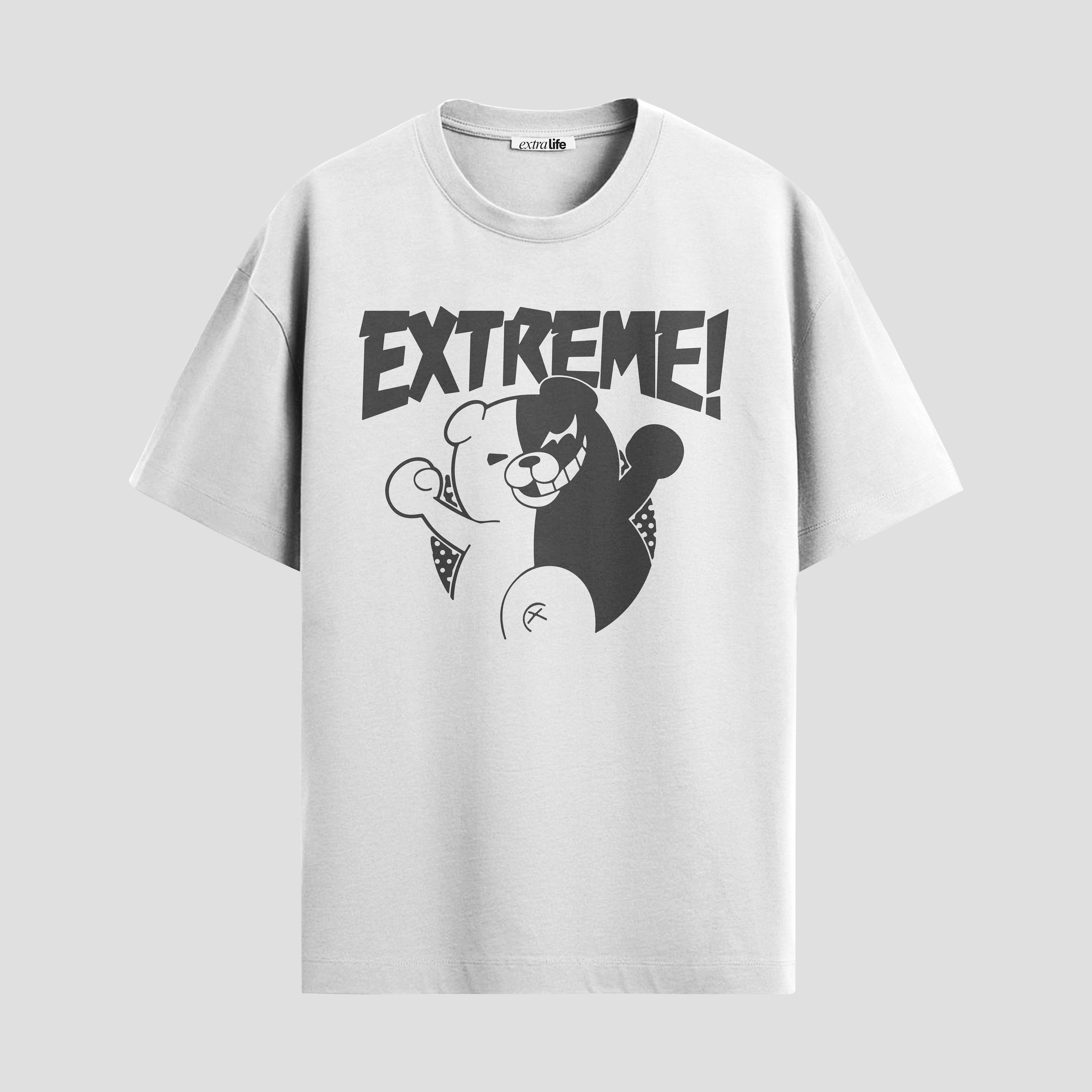 Playera urbana de anime y gaming ExtraLife MX, corte Standard Fit unisex ligero y transpirable en color Deep Black y Pure White, ropa de uso diario para gym y casual.