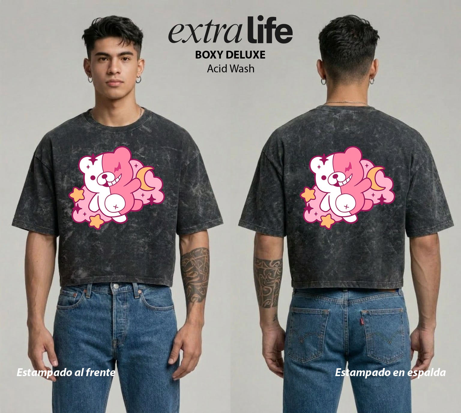 Playera streetwear premium de anime y gaming ExtraLife MX, corte boxy deluxe mineral wash heavyweight en color Acid Wash, moda urbana mexicana de culto.