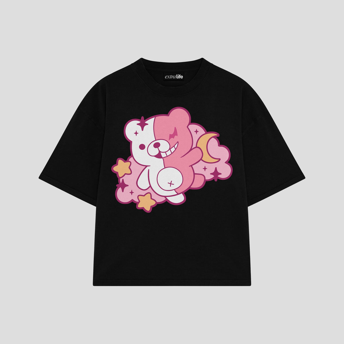 Playera streetwear premium de anime y gaming ExtraLife MX, corte oversized drop shoulder ligero y fresco en color Deep Black y Off-White, moda urbana mexicana de culto.
