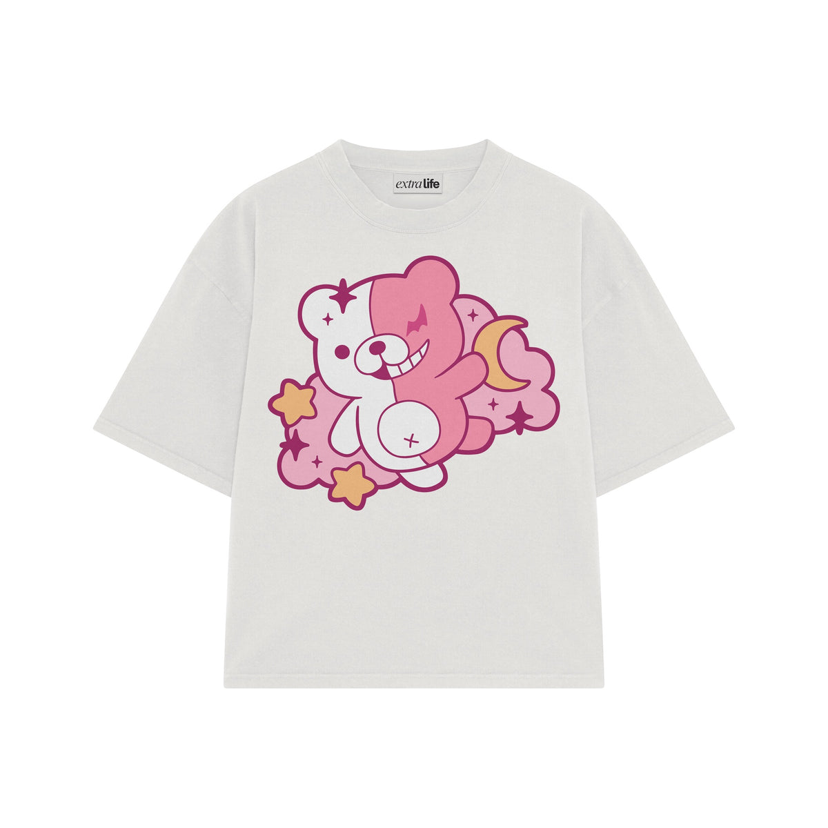 Playera streetwear premium de anime y gaming ExtraLife MX, corte oversized drop shoulder ligero y fresco en color Deep Black y Off-White, moda urbana mexicana de culto.