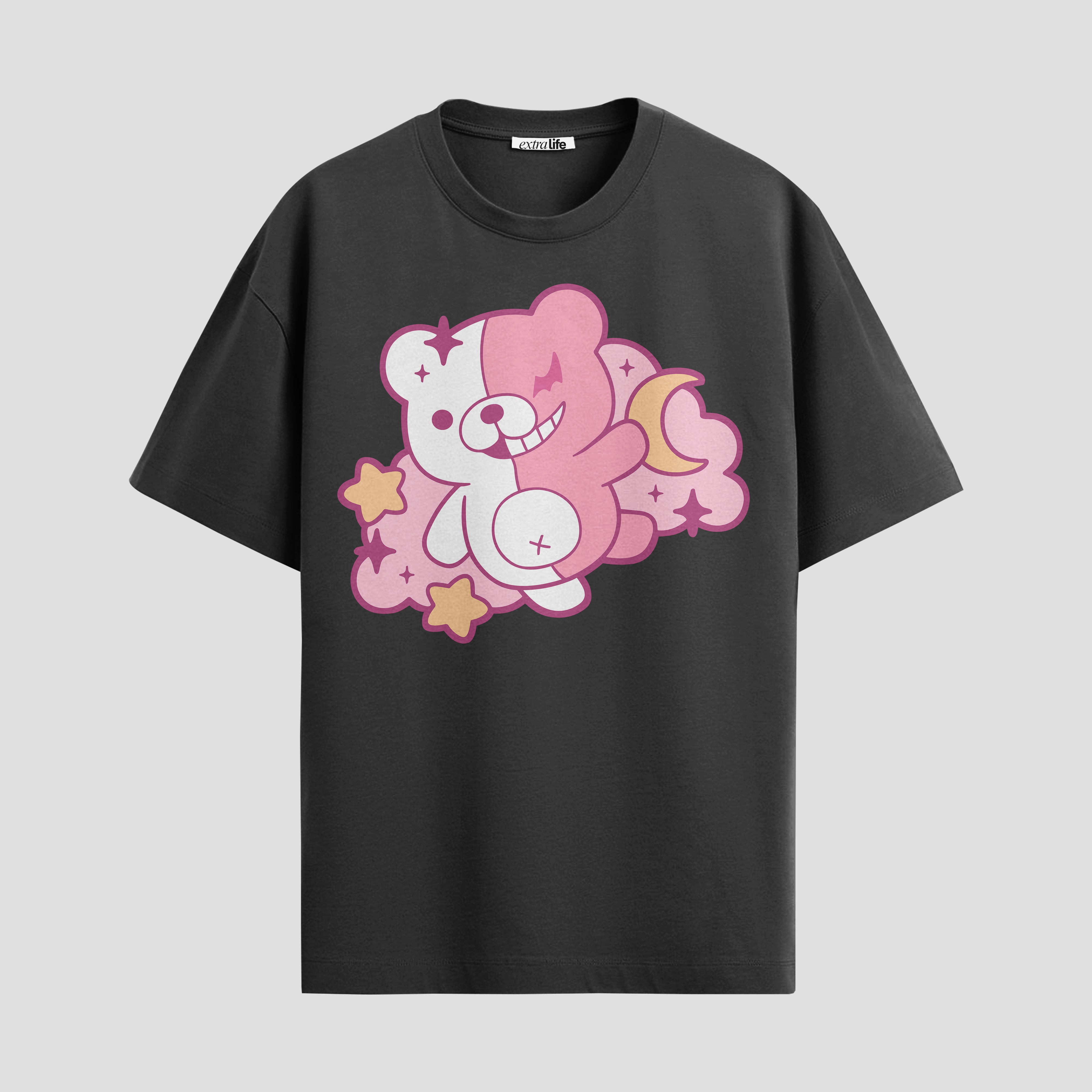 Playera urbana de anime y gaming ExtraLife MX, corte Standard Fit unisex ligero y transpirable en color Deep Black y Pure White, ropa de uso diario para gym y casual.