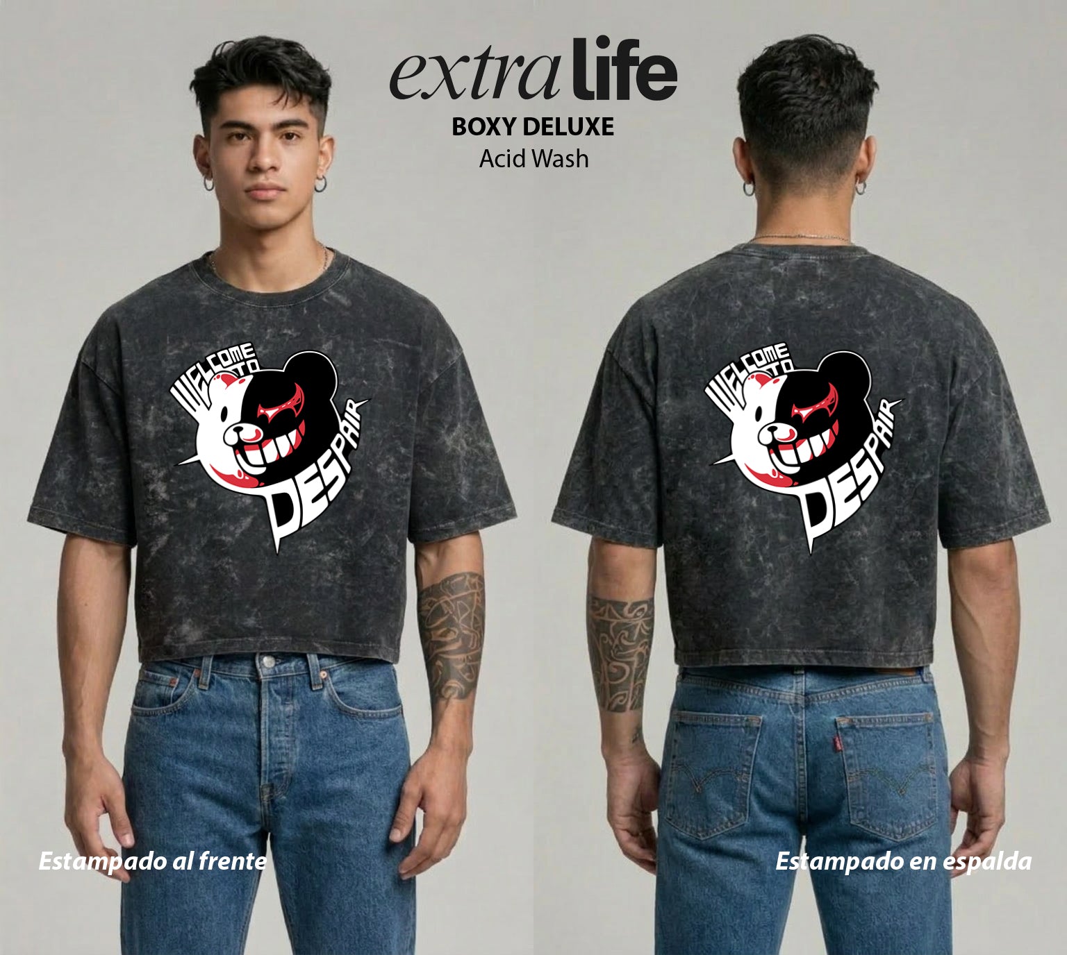 Playera streetwear premium de anime y gaming ExtraLife MX, corte boxy deluxe mineral wash heavyweight en color Acid Wash, moda urbana mexicana de culto.