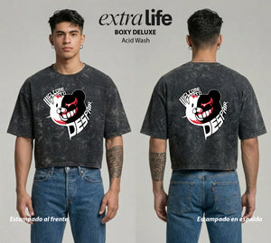 Playera streetwear premium de anime y gaming ExtraLife MX, corte boxy deluxe mineral wash heavyweight en color Acid Wash, moda urbana mexicana de culto.