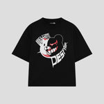 Playera streetwear premium de anime y gaming ExtraLife MX, corte boxy oversized drop shoulder heavyweight en color Deep Black y Off-White, moda urbana mexicana de culto.